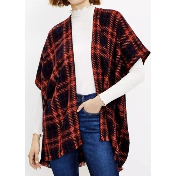 Loft Poncho Wrap Sweater Medium / Large Burgundy Blue Orange Plaid NWOT Bohemian - Picture 3 of 9